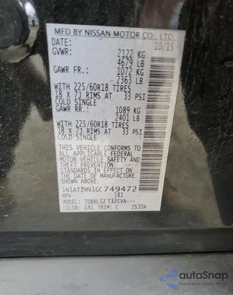 2016 Nissan Rogue S z USA, uszkodzony, nr VIN 5N1AT2MV1GC749472